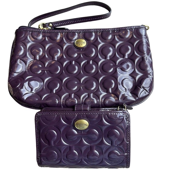 Coach Handbags - Coach Merlot Peyton Signature Embossed Patent Leather Wristlet & Wallet Set of 2